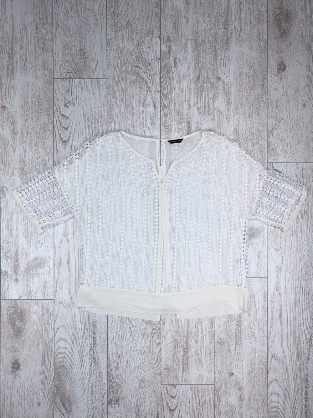 Massimo Dutti Size M White Crochet Lace Short Sleeve Top